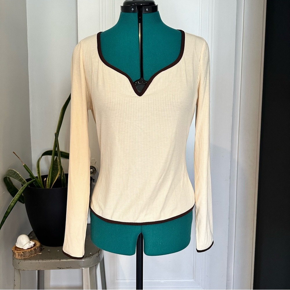Cupshe Don’t Get it Twisted Cream Ribbed Long-Sleeve Top Brown Contrast Trim